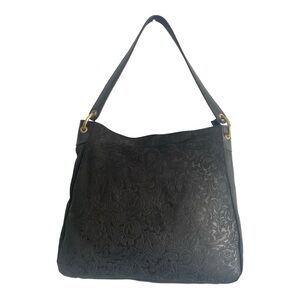 écotorie Bleu Large Black Genuine Leather Crafted Floral‎ Embossed Shoulder Bag